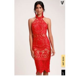 Lulu's Red Lace Halter Midi Dress